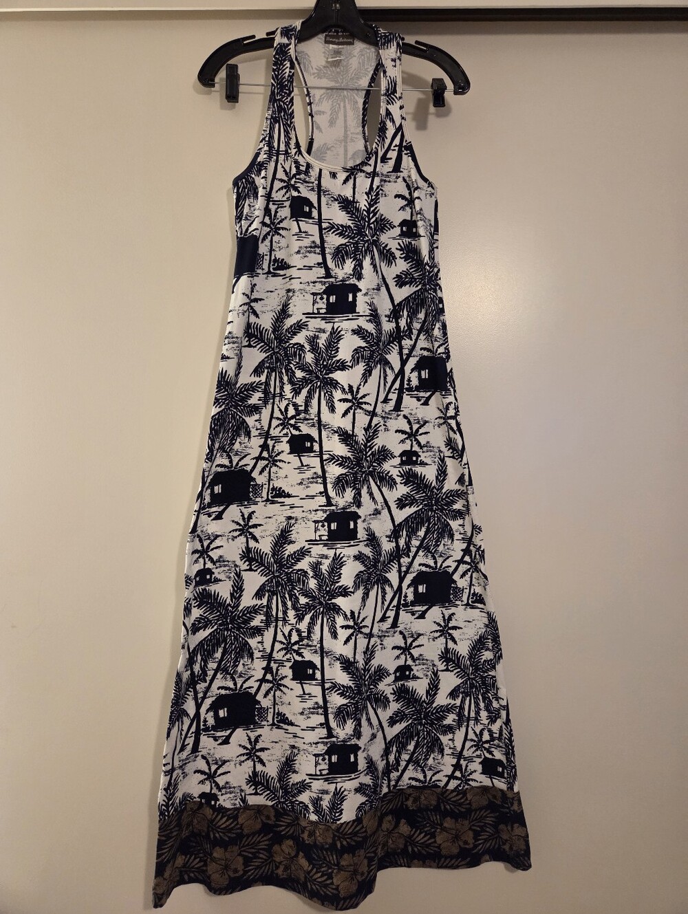 Tommy Bahama White and Navy Palm Print Racerback Maxi Dress